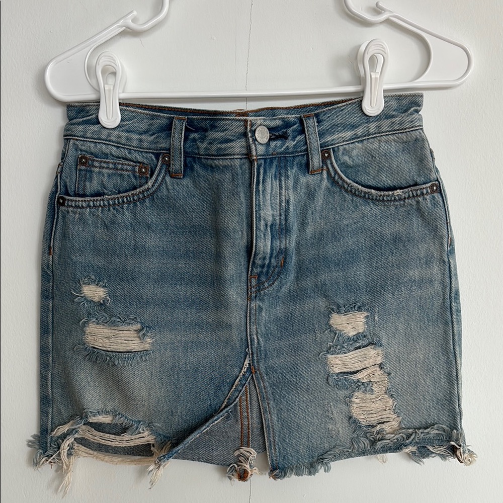 Free People Distressed Denim Mini Skirt - Blue